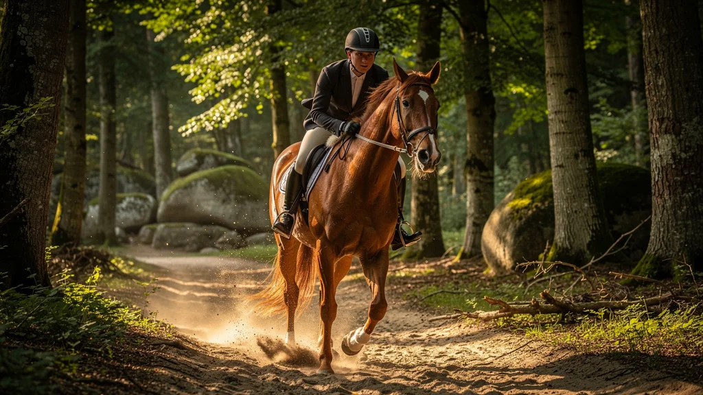 Cavalière à Fontainebleau, sable profond des layons sous le galop