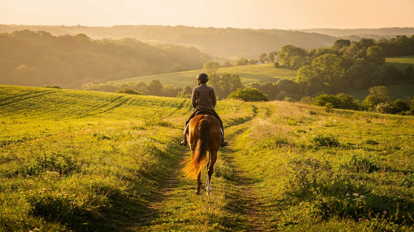 Cavalière sur un sentier de campagne au lever du jour