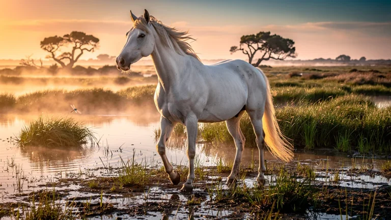 Cheval blanc dans les marais de Camargue au coucher de soleil, paysage naturel et humide
