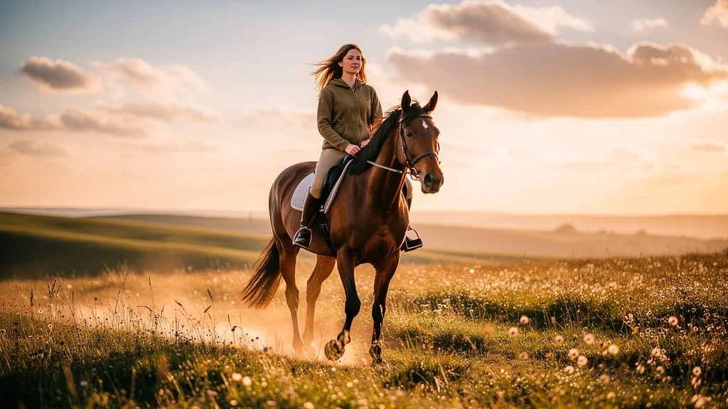 Femme en balade à cheval apaisante en pleine nature, symbolisant le ralentissement et la sérénité