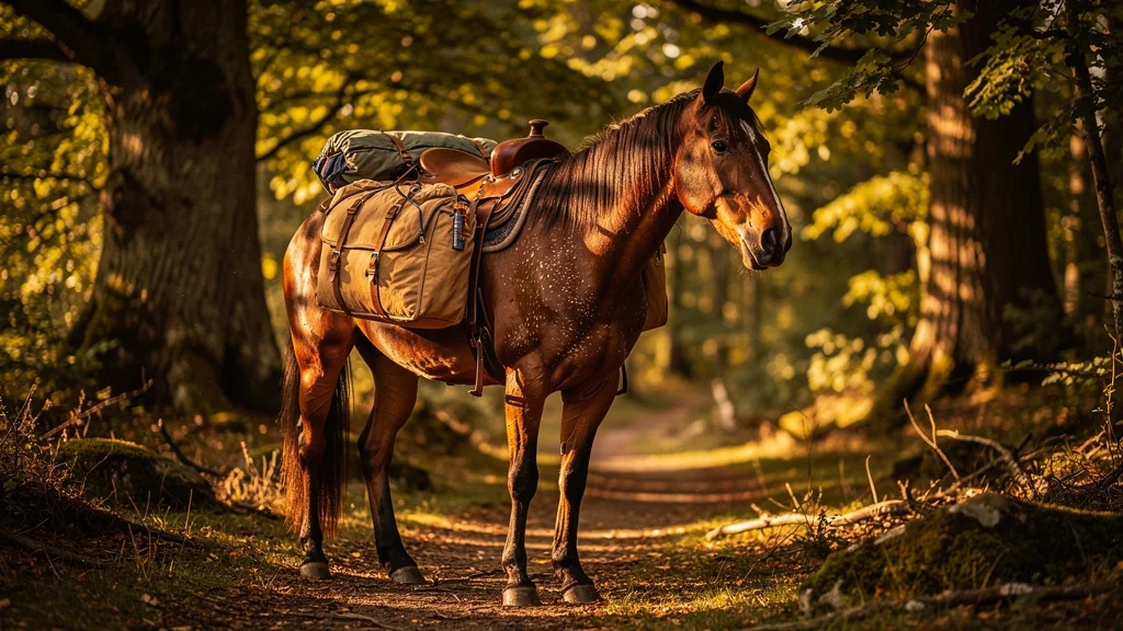 Mare fatiguée avec sacoches mal équilibrées gênant sa jument lors d’une randonnée équestre
