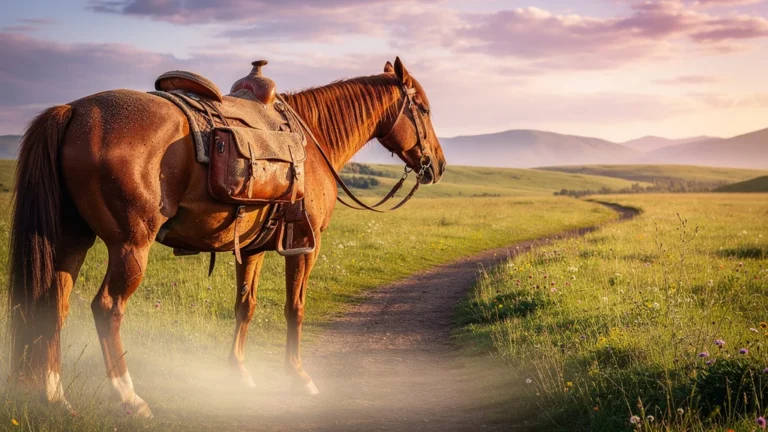 Sacoches de selle bon marché usées après trois jours d'itinérance à cheval en pleine nature