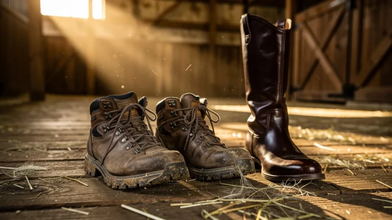 Chaussures de marche et bottes d’équitation sur le sol d’une écurie au soleil couchant