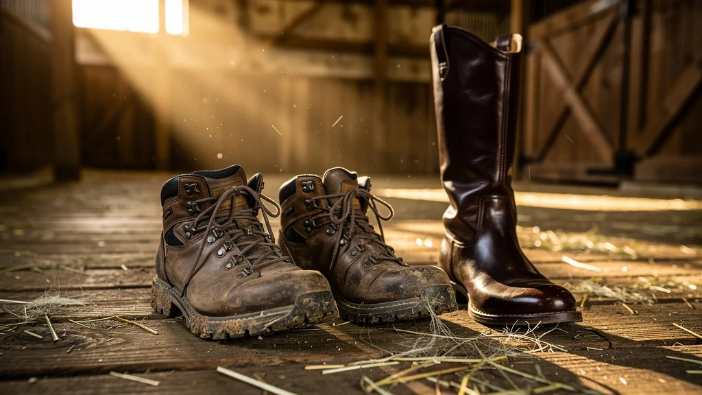 Chaussures de marche et bottes d’équitation sur le sol d’une écurie au soleil couchant