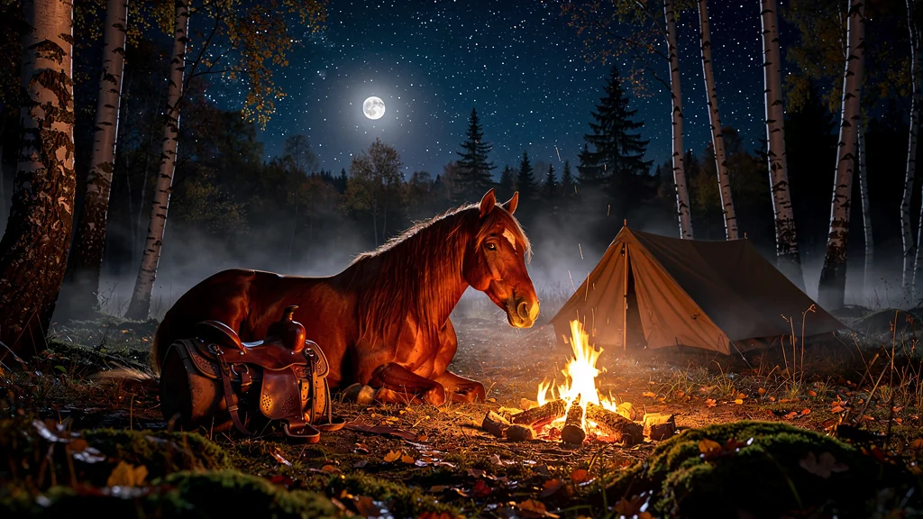Nuit de bivouac hyperréaliste près d'une jument, ambiance calme et connexion intime avec la nature